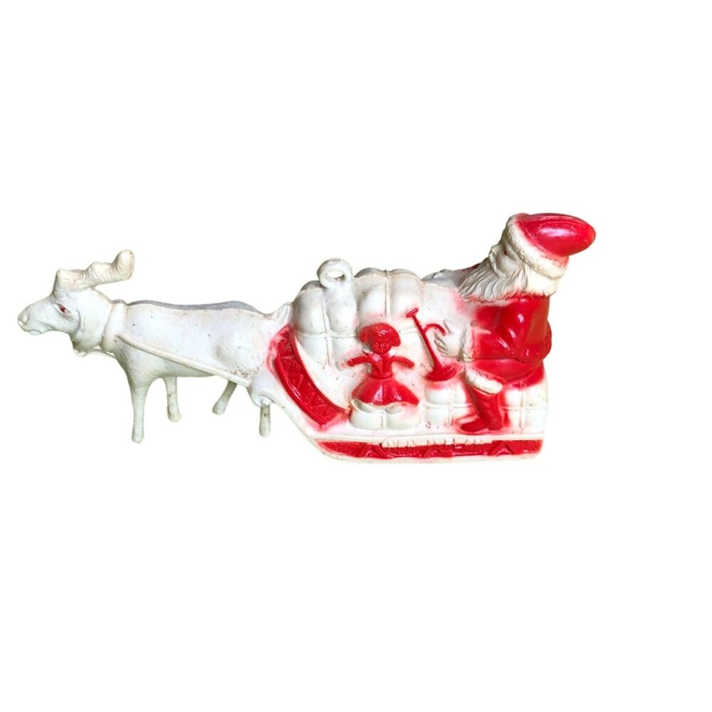 Irwin Celluloid Santa Sleigh Reindeer Vintage 1950's Christmas Decor Ornament To